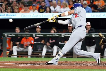 Sep 6, 2025; Baltimore, Maryland, USA; Los Angeles Dodgers second baseman Miguel Rojas (72) hits a double during the third inning against the Baltimore Orioles at Oriole Park at Camden Yards. Mandatory Credit: Daniel Kucin Jr.-Imagn Images