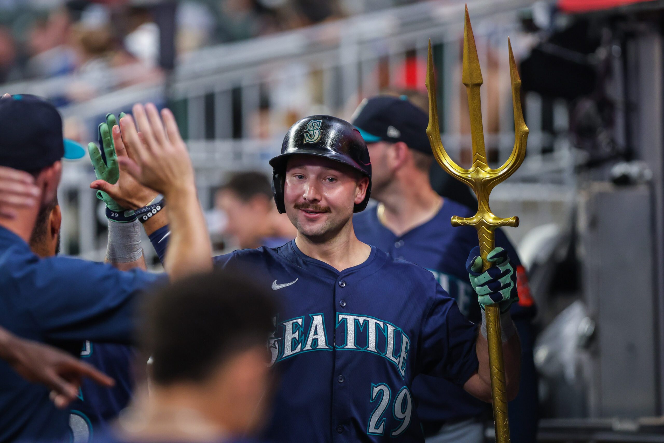 Sep 6, 2025; Cumberland, Georgia, USA; Seattle Mariners catcher Cal Raleigh (29) celebrates a home run hit against the Atlanta Braves during the ninth inning at Truist Park. Mandatory Credit: Jordan Godfree-Imagn Images