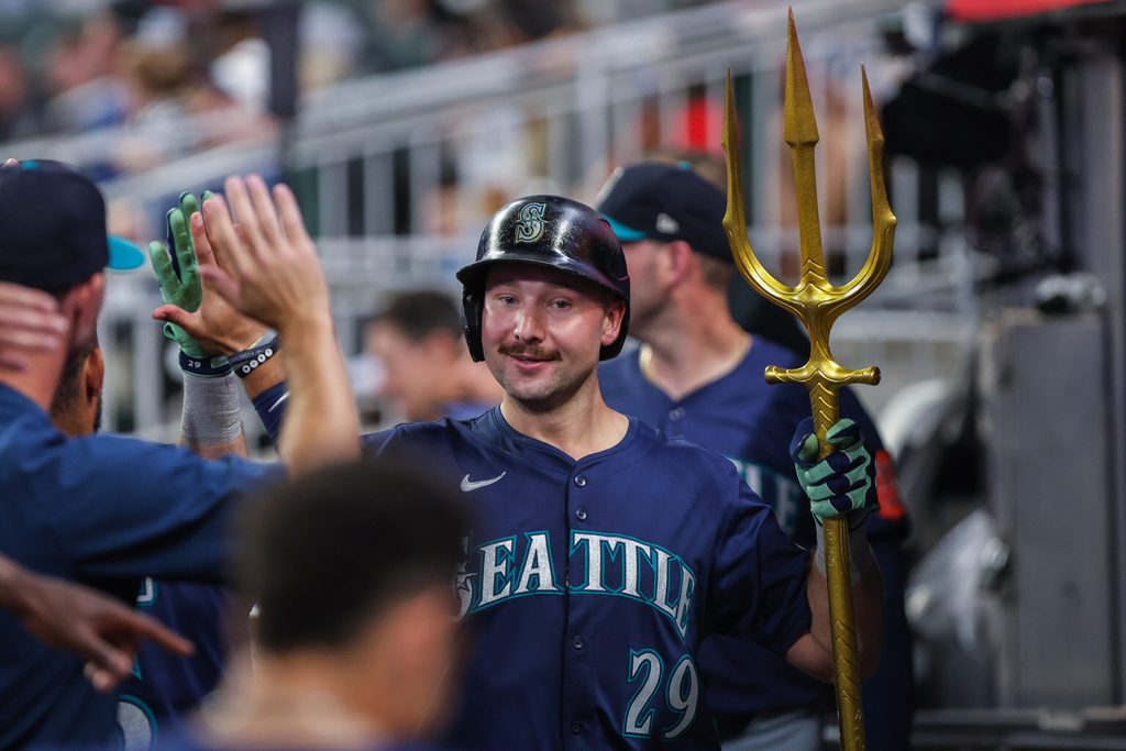 Sep 6, 2025; Cumberland, Georgia, USA; Seattle Mariners catcher Cal Raleigh (29) celebrates a home run hit against the Atlanta Braves during the ninth inning at Truist Park. Mandatory Credit: Jordan Godfree-Imagn Images