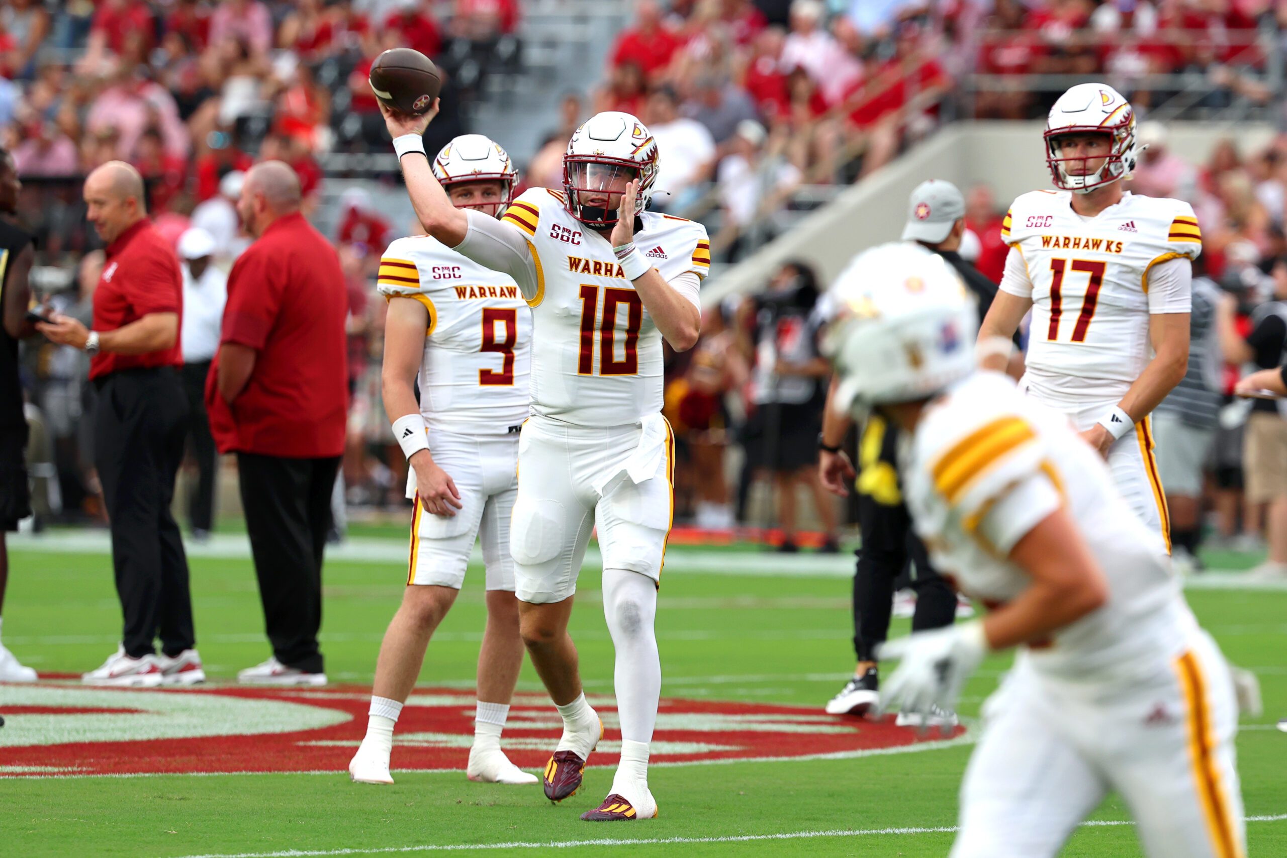 Sep 6, 2025; Tuscaloosa, Alabama, USA; Louisiana Monroe Warhawks quarterback Aidan Armenta (10) passes the ball during warmups before a game against the Alabama Crimson Tide at Saban Field at Bryant-Denny Stadium. Mandatory Credit: David Leong-Imagn Images