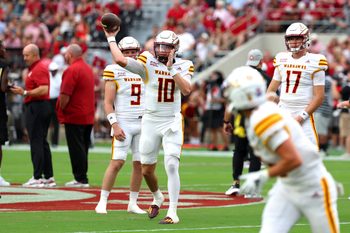 Sep 6, 2025; Tuscaloosa, Alabama, USA; Louisiana Monroe Warhawks quarterback Aidan Armenta (10) passes the ball during warmups before a game against the Alabama Crimson Tide at Saban Field at Bryant-Denny Stadium. Mandatory Credit: David Leong-Imagn Images
