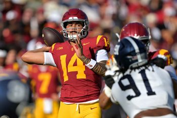 Sep 6, 2025; Los Angeles, California, USA;  USC Trojans quarterback Jayden Maiava (14) throws a pass during the first half against the Georgia Southern Eagles at United Airlines Field at the Los Angeles Memorial Coliseum. Mandatory Credit: Jayne Kamin-Oncea-Imagn Images