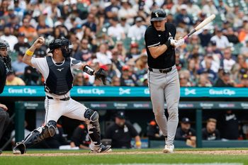 Sep 7, 2025; Detroit, Michigan, USA; Detroit Tigers catcher Jake Rogers (34) makes a throw to third in the eighth inning against the Chicago White Sox at Comerica Park. Mandatory Credit: Rick Osentoski-Imagn Images