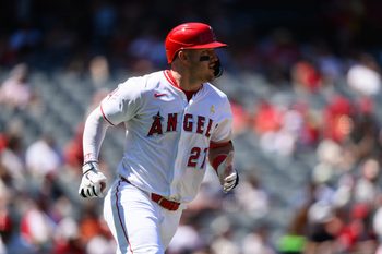 Sep 7, 2025; Anaheim, California, USA; Los Angeles Angels designated hitter Mike Trout (27) runs after hitting a double against the Athletics during the third inning at Angel Stadium. Mandatory Credit: William Liang-Imagn Images