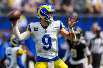 Sep 7, 2025; Inglewood, California, USA; Los Angeles Rams quarterback Matthew Stafford (9) attempts a pass during the first quarter at SoFi Stadium. Mandatory Credit: Kirby Lee-Imagn Images
