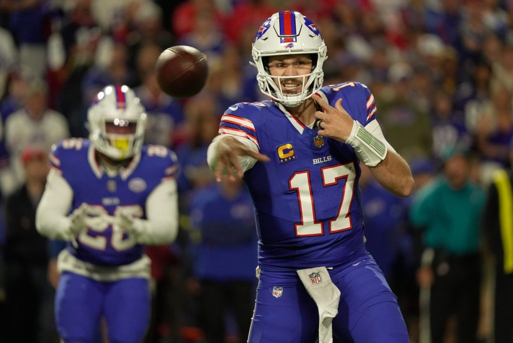 Buffalo Bills quarterback Josh Allen fires off a pass during first half action against the Baltimore Ravens at Highmark Stadium in Orchard Park on Sept. 7, 2025.