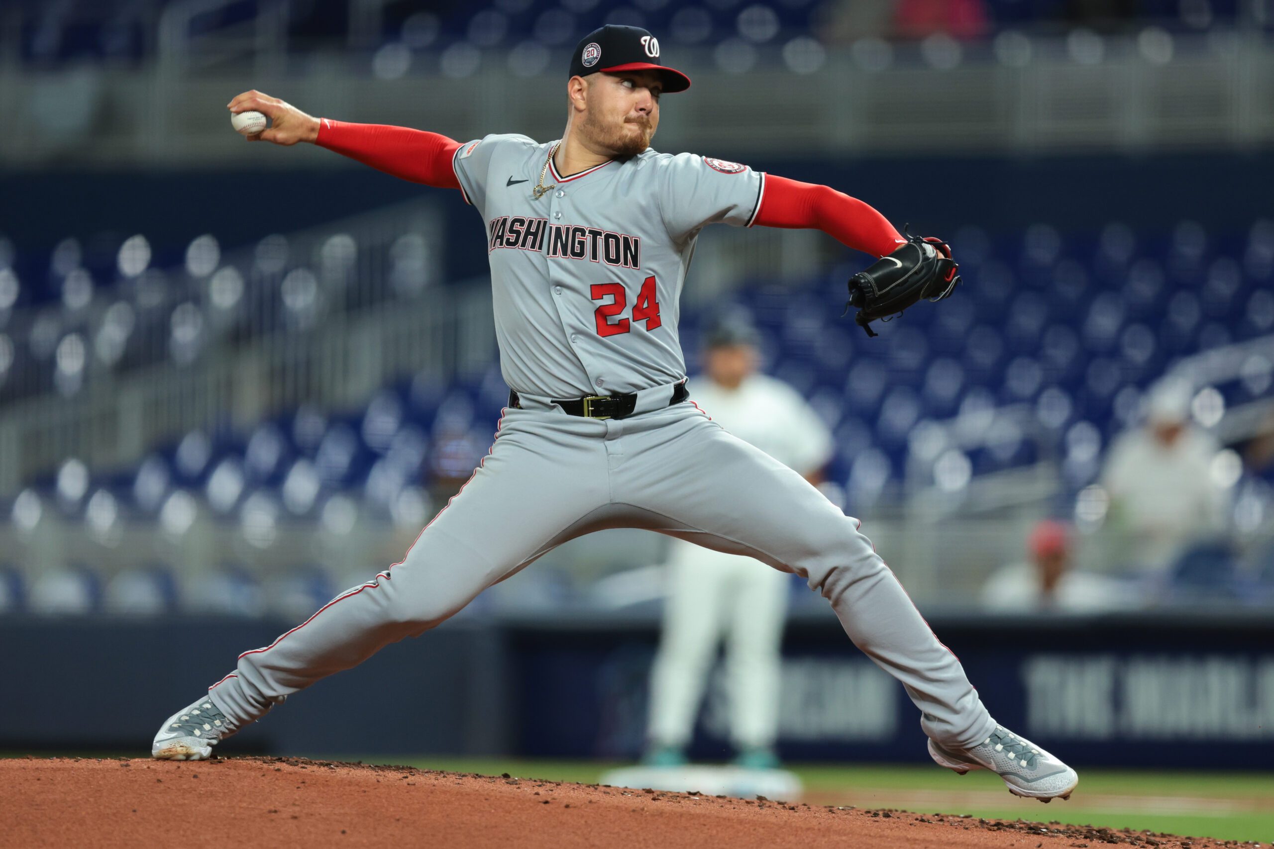 Sep 8, 2025; Miami, Florida, USA; Washington Nationals starting pitcher Cade Cavalli (24) delivers a pitch against the Miami Marlins during the first inning at loanDepot Park. Mandatory Credit: Sam Navarro-Imagn Images