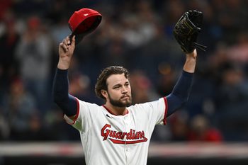 Sep 8, 2025; Cleveland, Ohio, USA; Cleveland Guardians starting pitcher Slade Cecconi (44) reacts after losing his no-hitter against the Kansas City Royals during the eighth inning at Progressive Field. Mandatory Credit: Ken Blaze-Imagn Images