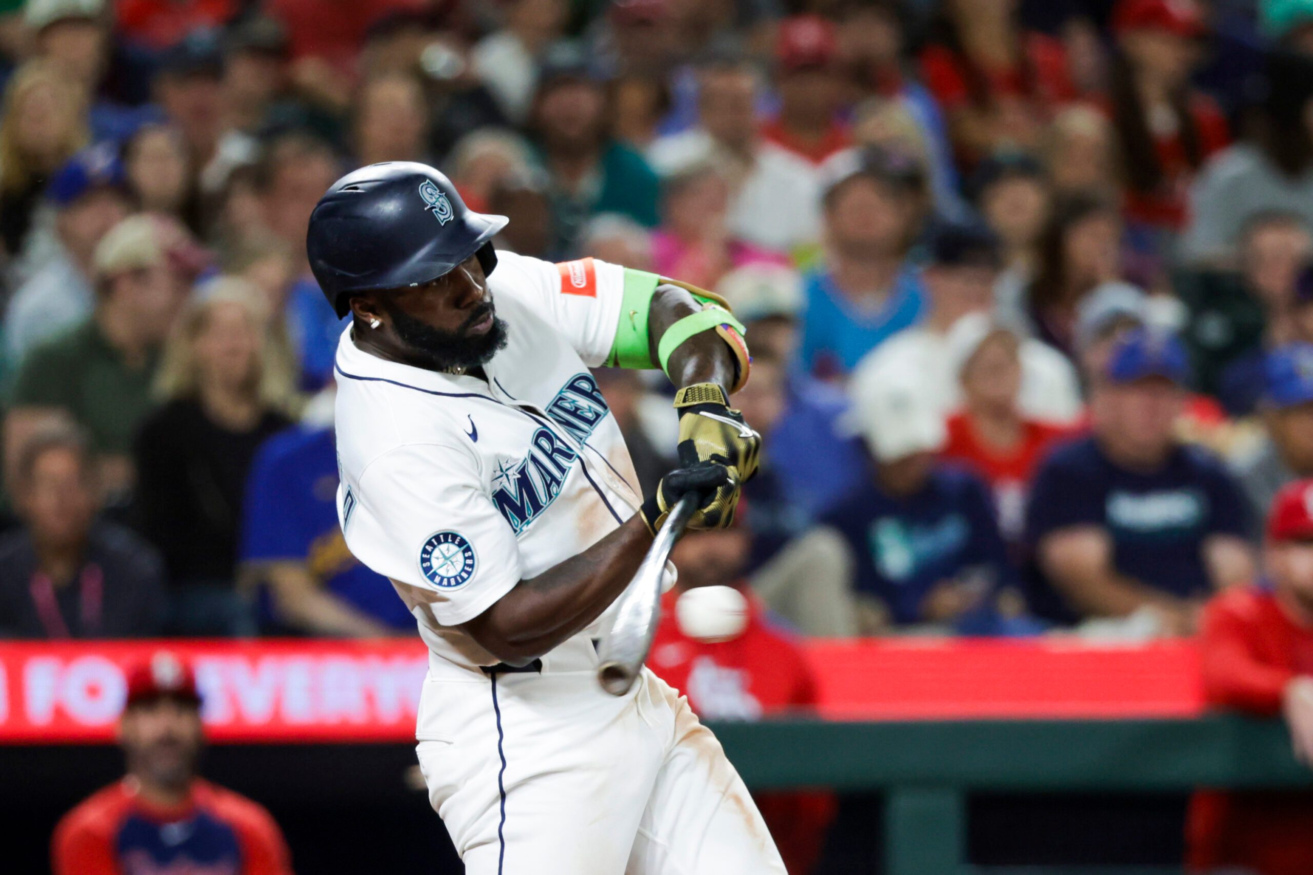 Sep 8, 2025; Seattle, Washington, USA; Seattle Mariners left fielder Randy Arozarena (56) hits a single against the St. Louis Cardinals during the sixth inning at T-Mobile Park. Mandatory Credit: Joe Nicholson-Imagn Images