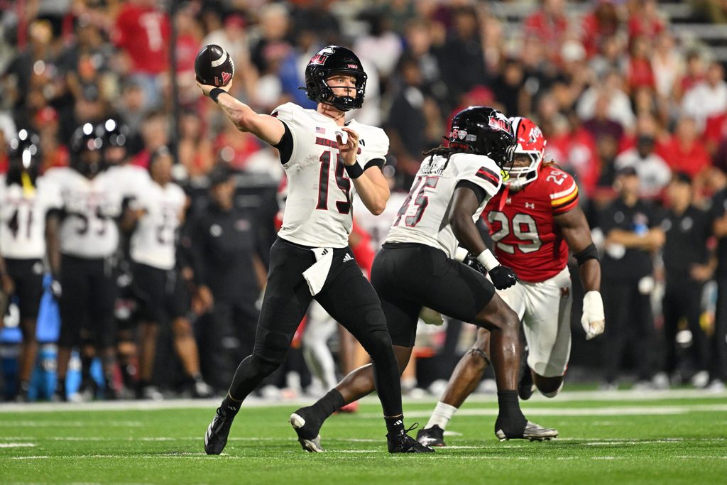 Sep 5, 2025; College Park, Maryland, USA; Northern Illinois Huskies quarterback Josh Holst (15) in action against the Maryland Terrapins at SECU Stadium. Mandatory Credit: Jamie Sabau-Imagn Images