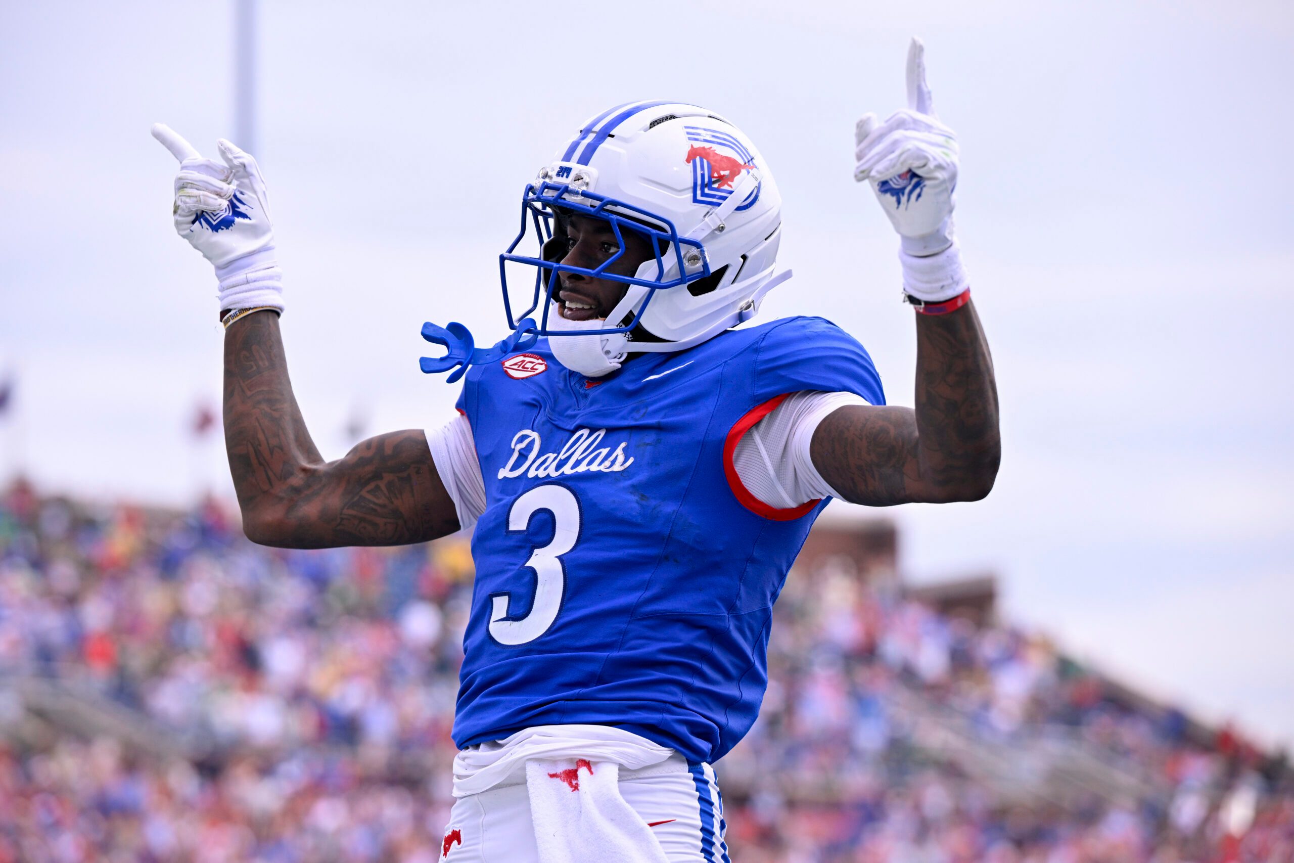Sep 6, 2025; Dallas, Texas, USA; SMU Mustangs wide receiver Romello Brinson (3) celebrates during the game between the SMU Mustangs and the Baylor Bears at Gerald J. Ford Stadium. Mandatory Credit: Jerome Miron-Imagn Images