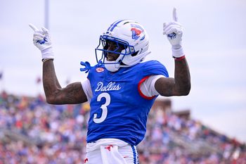 Sep 6, 2025; Dallas, Texas, USA; SMU Mustangs wide receiver Romello Brinson (3) celebrates during the game between the SMU Mustangs and the Baylor Bears at Gerald J. Ford Stadium. Mandatory Credit: Jerome Miron-Imagn Images