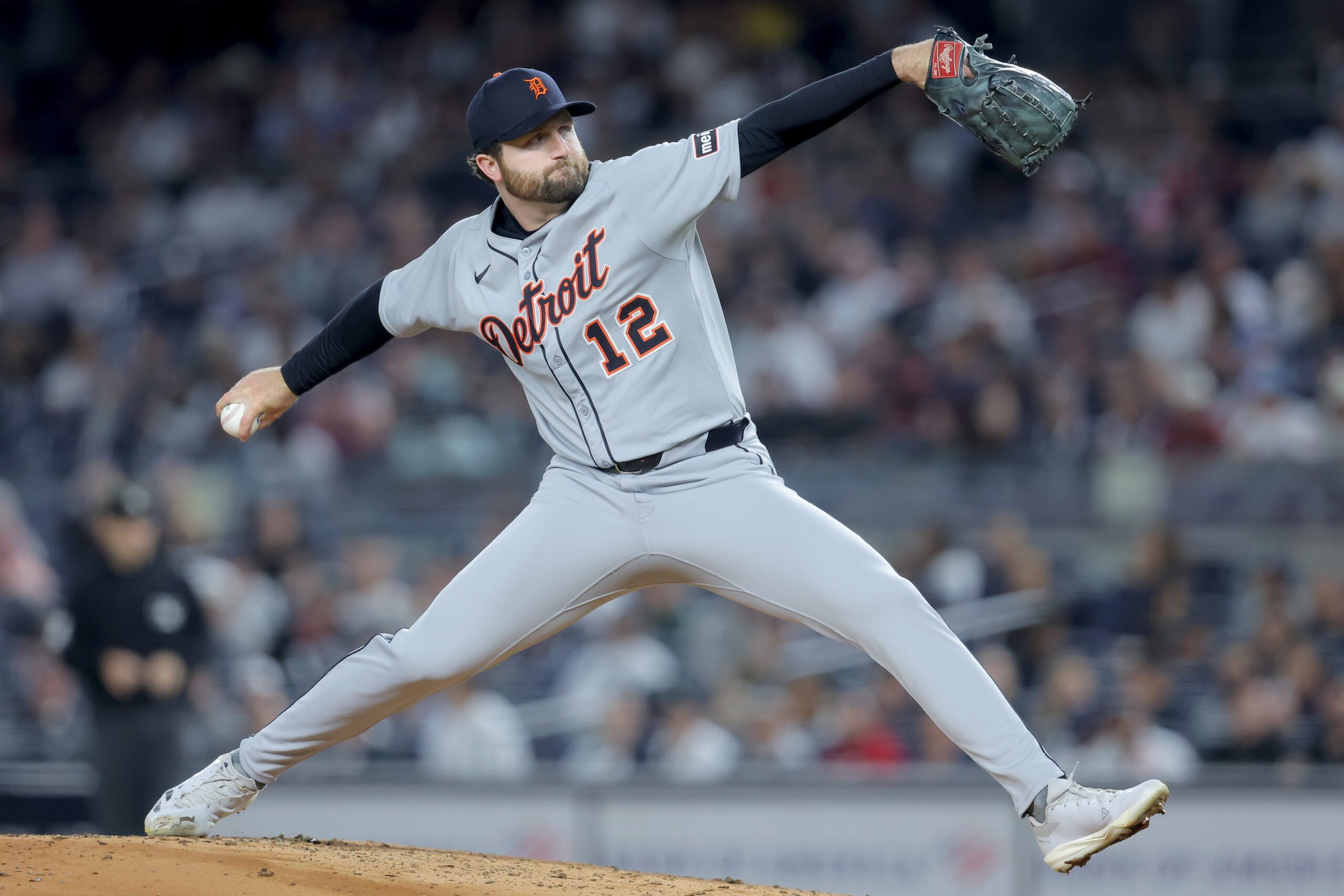 Sep 9, 2025; Bronx, New York, USA; Detroit Tigers starting pitcher Casey Mize (12) pitches against the New York Yankees during the second inning at Yankee Stadium. Mandatory Credit: Brad Penner-Imagn Images