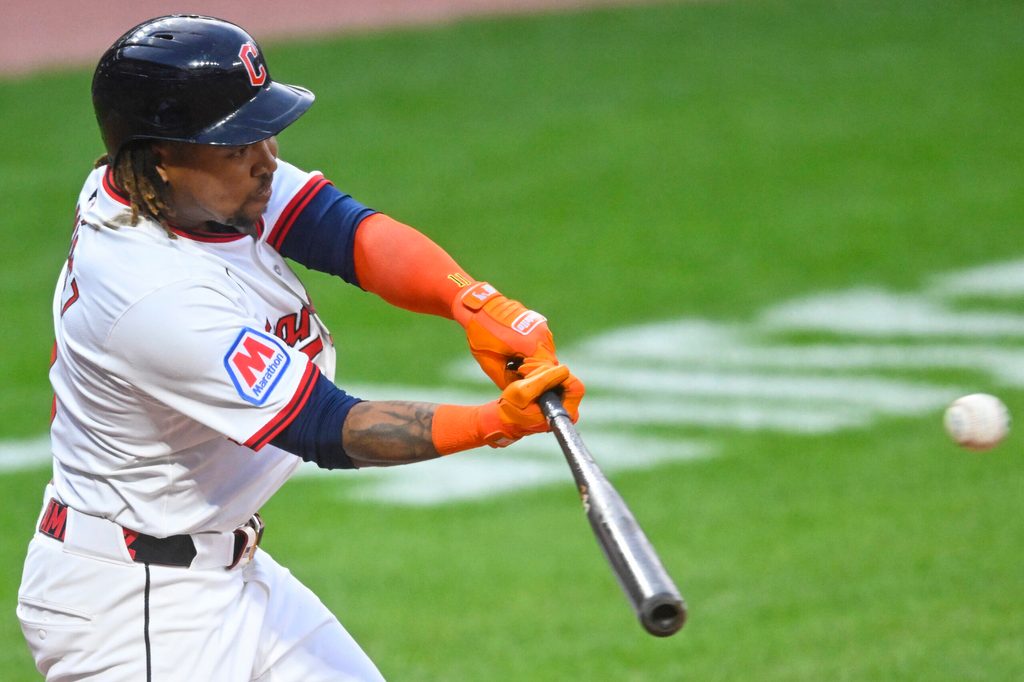 Sep 9, 2025; Cleveland, Ohio, USA; Cleveland Guardians third baseman Jose Ramirez (11) doubles in the fourth inning against the Kansas City Royals at Progressive Field. Mandatory Credit: David Richard-Imagn Images