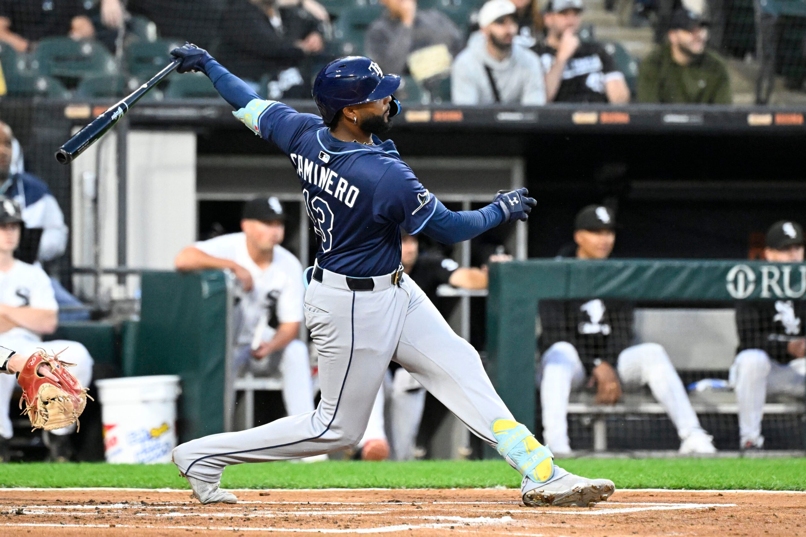 Sep 9, 2025; Chicago, Illinois, USA;  Tampa Bay Rays third baseman Junior Caminero (13) doubles during the second inning against the Chicago White Sox at Rate Field. Mandatory Credit: Matt Marton-Imagn Images