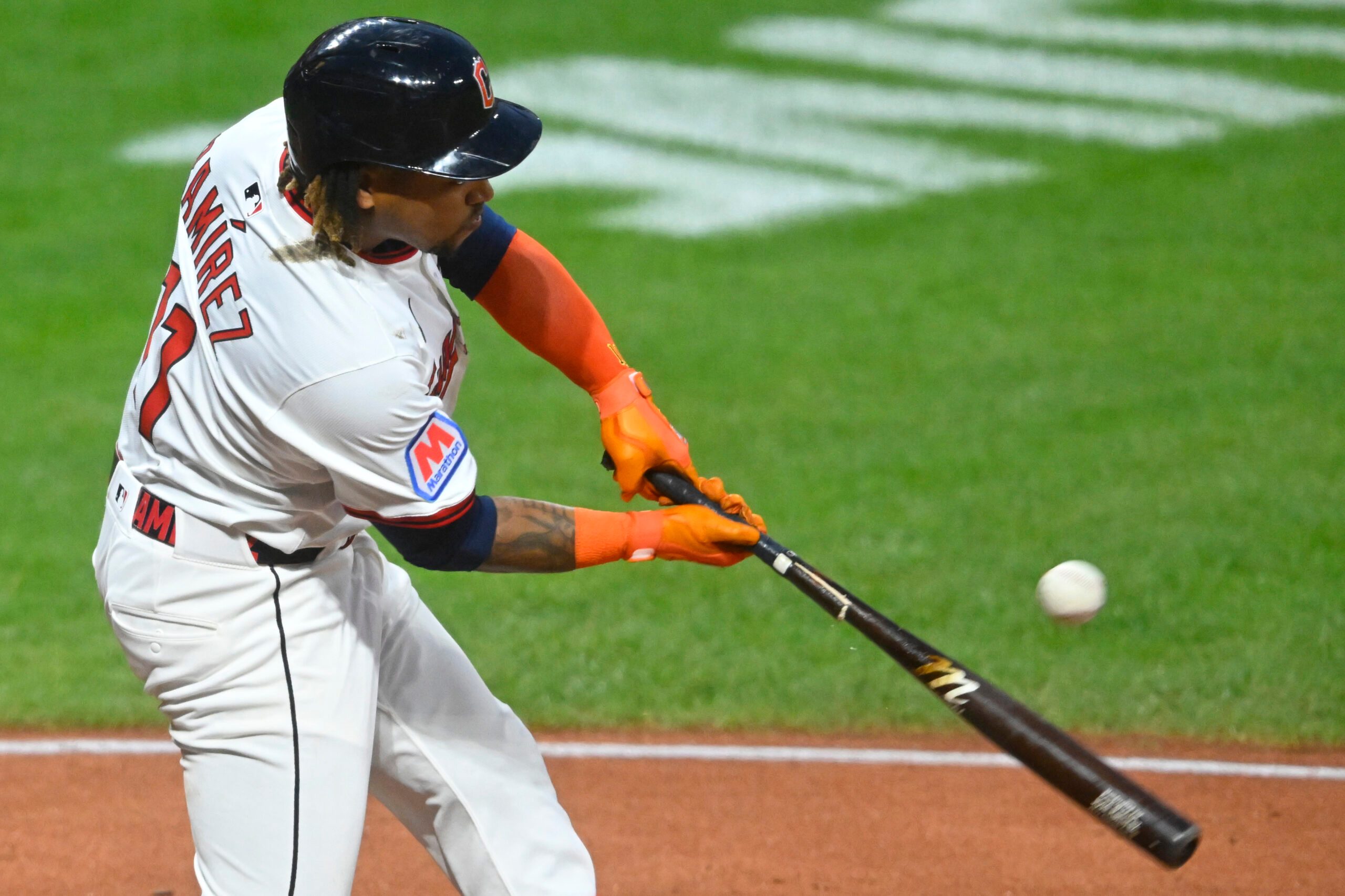 Sep 9, 2025; Cleveland, Ohio, USA; Cleveland Guardians third baseman Jose Ramirez (11) singles in the sixth inning against the Kansas City Royals at Progressive Field. Mandatory Credit: David Richard-Imagn Images