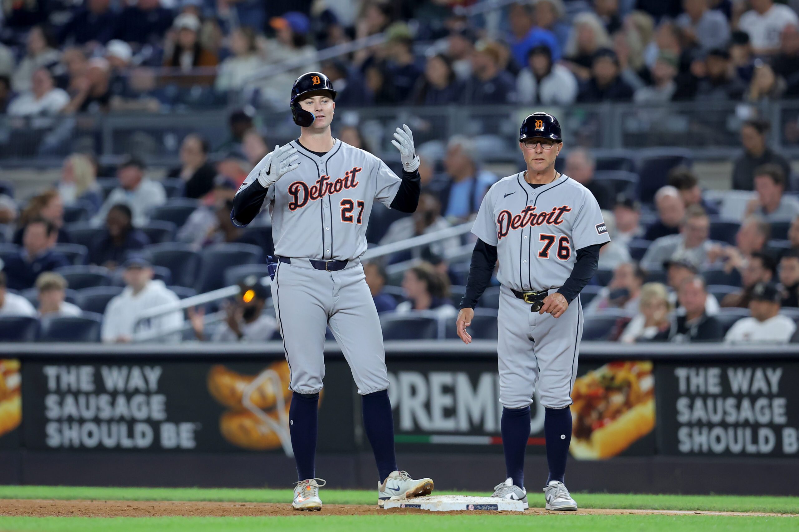Sep 9, 2025; Bronx, New York, USA; Detroit Tigers shortstop Trey Sweeney (27) reacts after hitting an RBI single against the New York Yankees during the seventh inning at Yankee Stadium. Mandatory Credit: Brad Penner-Imagn Images