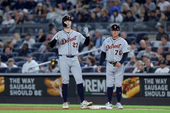 Sep 9, 2025; Bronx, New York, USA; Detroit Tigers shortstop Trey Sweeney (27) reacts after hitting an RBI single against the New York Yankees during the seventh inning at Yankee Stadium. Mandatory Credit: Brad Penner-Imagn Images