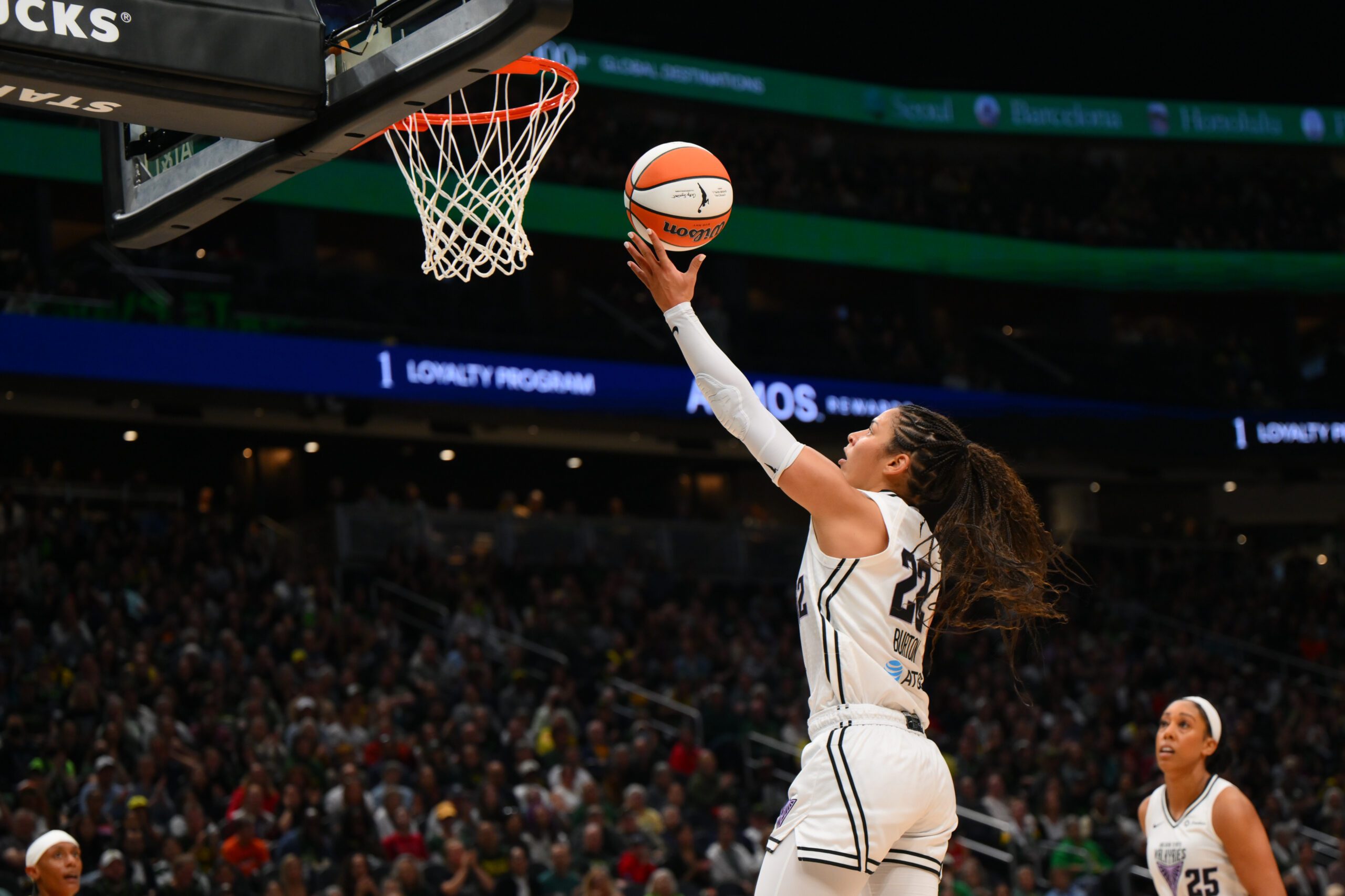 Sep 9, 2025; Seattle, Washington, USA; Golden State Valkyries guard Veronica Burton (22) shoots the ball during the second half against the Seattle Storm at Climate Pledge Arena. Mandatory Credit: Steven Bisig-Imagn Images