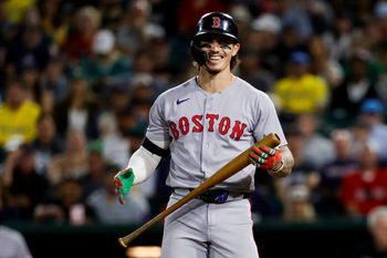 Sep 9, 2025; West Sacramento, California, USA; Boston Red Sox left fielder Jarren Duran (16) smiles after getting hit by a pitch during the ninth inning against the Athletics at Sutter Health Park. Mandatory Credit: Sergio Estrada-Imagn Images