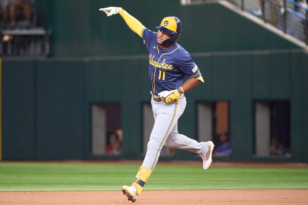 Sep 10, 2025; Arlington, Texas, USA; Milwaukee Brewers left fielder Jackson Chourio (11) rounds the bases after hitting a solo home run against the Texas Rangers during the first inning at Globe Life Field. Mandatory Credit: Jim Cowsert-Imagn Images