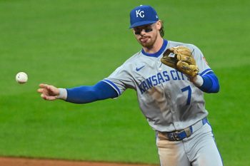 Sep 10, 2025; Cleveland, Ohio, USA; Kansas City Royals shortstop Bobby Witt Jr. (7) throws to first base in the fourth inning against the Cleveland Guardians at Progressive Field. Mandatory Credit: David Richard-Imagn Images