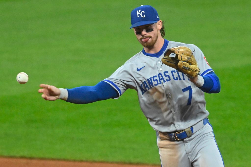 Sep 10, 2025; Cleveland, Ohio, USA; Kansas City Royals shortstop Bobby Witt Jr. (7) throws to first base in the fourth inning against the Cleveland Guardians at Progressive Field. Mandatory Credit: David Richard-Imagn Images