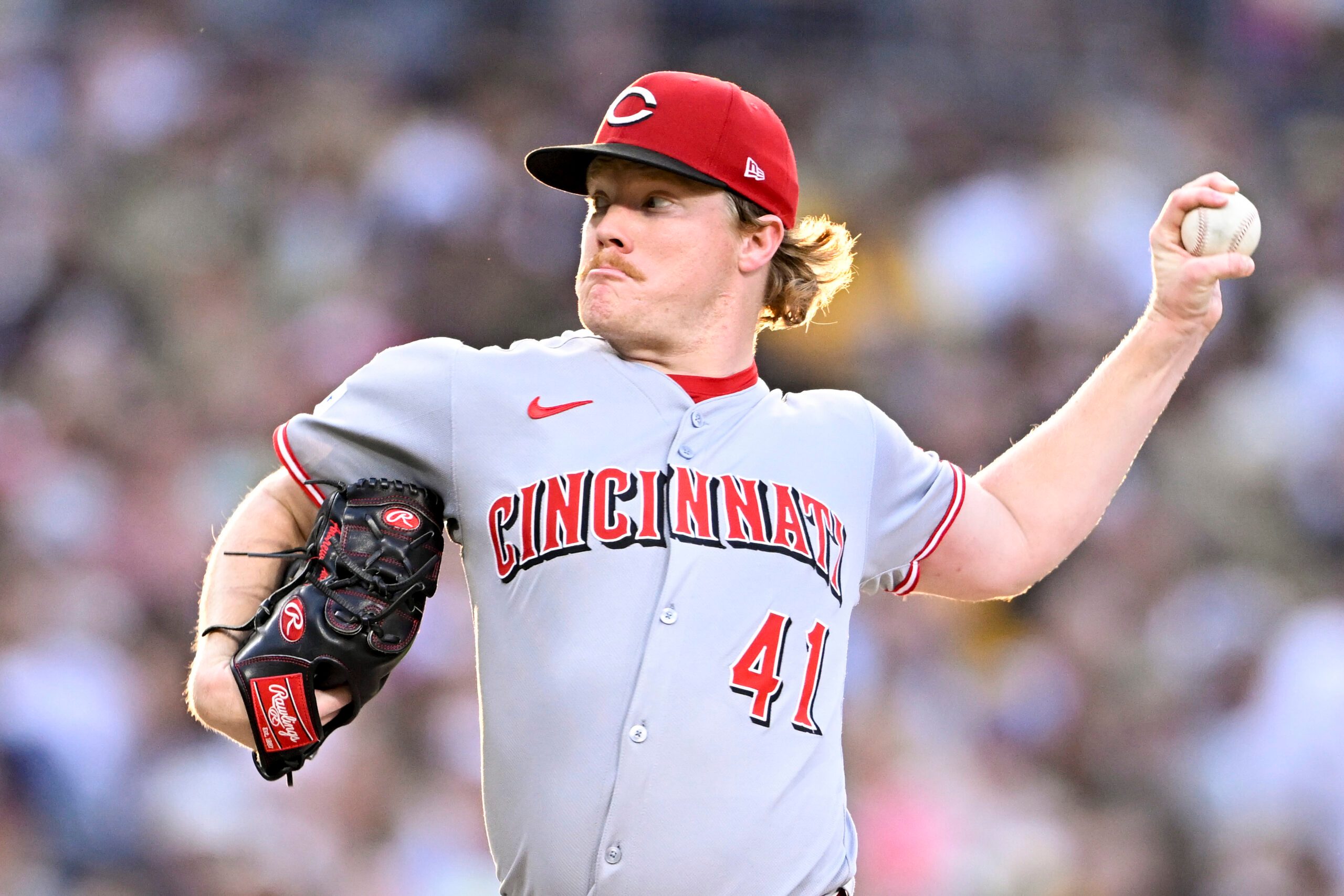 Sep 10, 2025; San Diego, California, USA; Cincinnati Reds starting pitcher Andrew Abbott (41) delivers during the fourth inning against the San Diego Padres at Petco Park. Mandatory Credit: Denis Poroy-Imagn Images