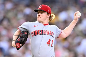 Sep 10, 2025; San Diego, California, USA; Cincinnati Reds starting pitcher Andrew Abbott (41) delivers during the fourth inning against the San Diego Padres at Petco Park. Mandatory Credit: Denis Poroy-Imagn Images