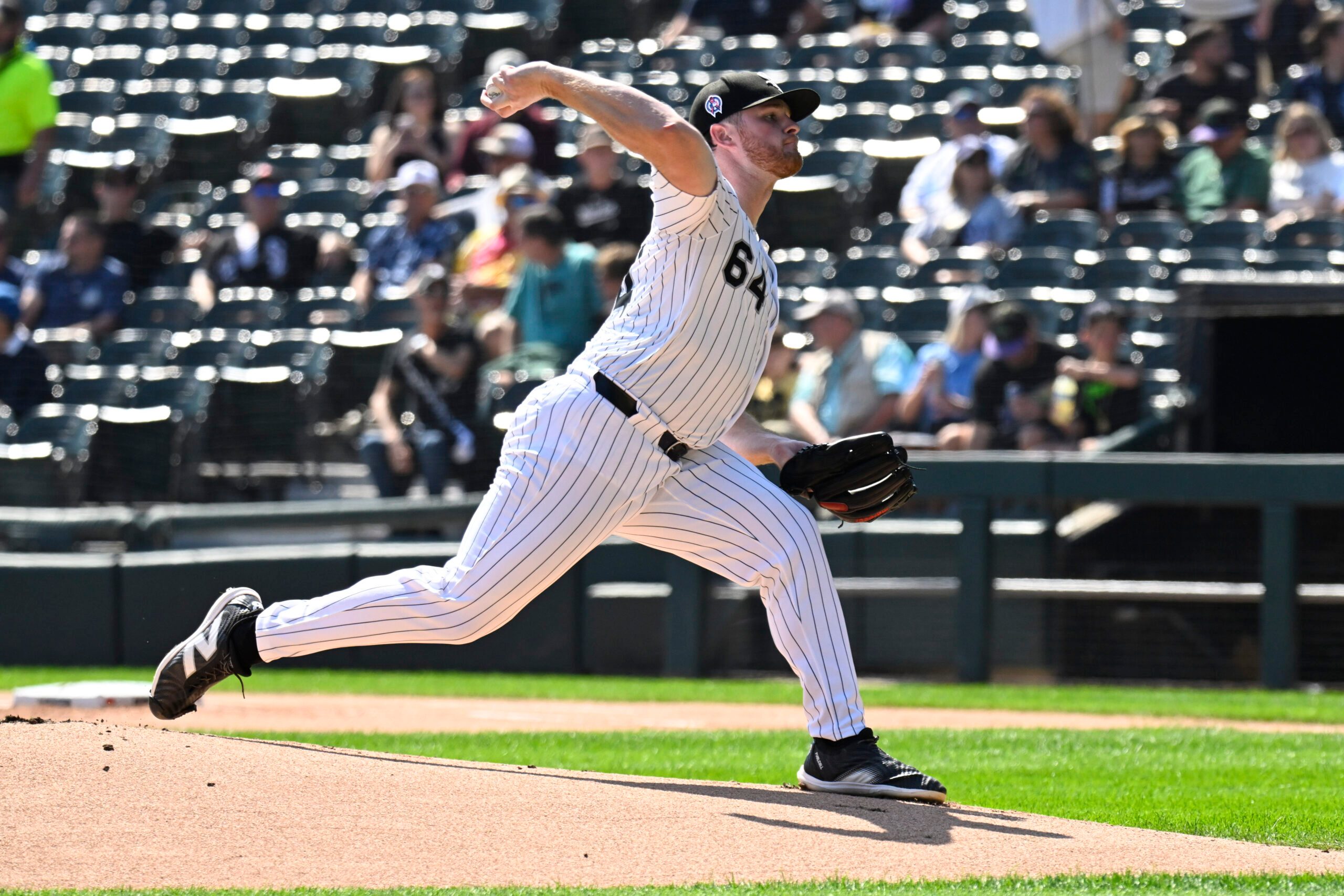 Sep 11, 2025; Chicago, Illinois, USA;  Chicago White Sox pitcher Shane Smith (64) delivers against the Tampa Bay Rays during the first inning at Rate Field. Mandatory Credit: Matt Marton-Imagn Images