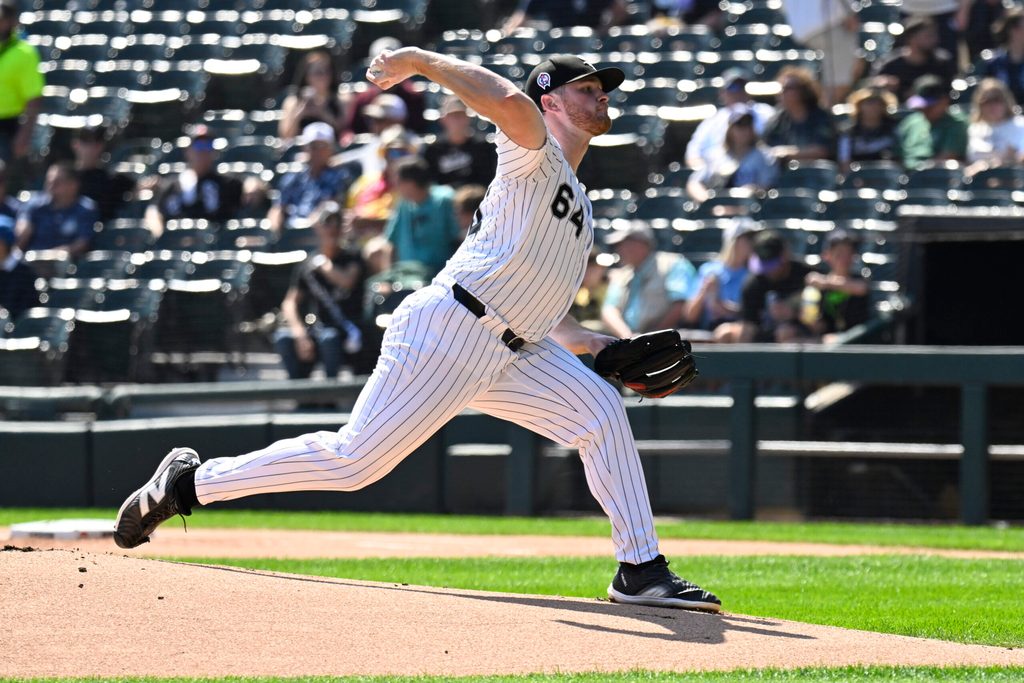 Sep 11, 2025; Chicago, Illinois, USA; Chicago White Sox pitcher Shane Smith (64) delivers against the Tampa Bay Rays during the first inning at Rate Field. Mandatory Credit: Matt Marton-Imagn Images