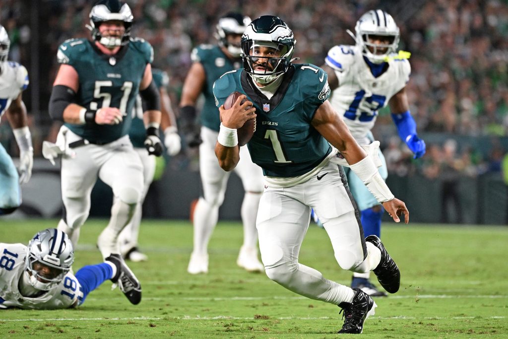 Sep 4, 2025; Philadelphia, Pennsylvania, USA; Philadelphia Eagles quarterback Jalen Hurts (1) against the Dallas Cowboys at Lincoln Financial Field. Mandatory Credit: Eric Hartline-Imagn Images