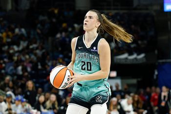 Sep 11, 2025; Chicago, Illinois, USA; New York Liberty guard Sabrina Ionescu (20) looks to shoot against the Chicago Sky during the first half at Wintrust Arena. Mandatory Credit: Kamil Krzaczynski-Imagn Images