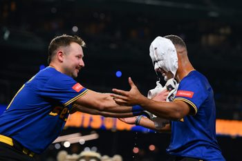 Sep 11, 2025; Seattle, Washington, USA; Seattle Mariners catcher Cal Raleigh (29) smears shaving cream on pinch hitter Harry Ford (5) after the Mariners defeated the Los Angeles Angels at T-Mobile Park. Mandatory Credit: Steven Bisig-Imagn Images