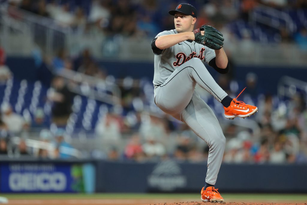 Sep 12, 2025; Miami, Florida, USA; Detroit Tigers starting pitcher Tarik Skubal (29) delivers a pitch against the Miami Marlins during the first inning at loanDepot Park. Mandatory Credit: Sam Navarro-Imagn Images