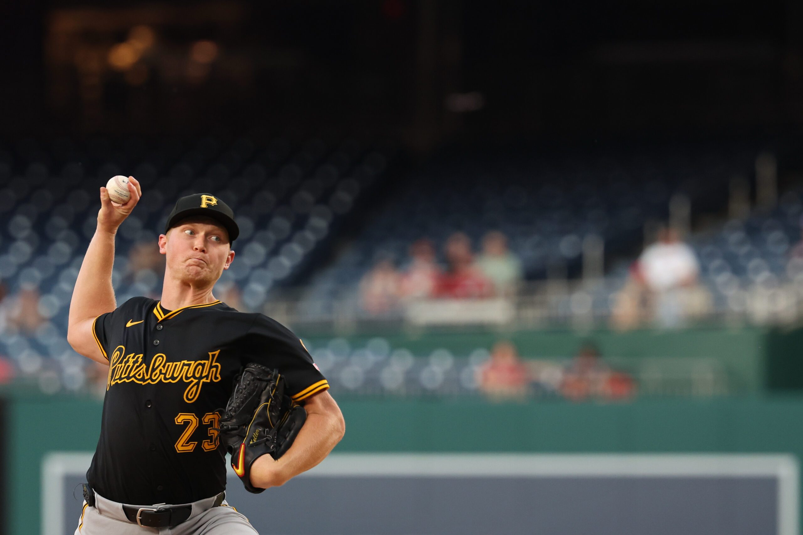 Sep 12, 2025; Washington, District of Columbia, USA; Pittsburgh Pirates starting pitcher Mitch Keller (23) pitches against the Washington Nationals during the first inning at Nationals Park. Mandatory Credit: Geoff Burke-Imagn Images