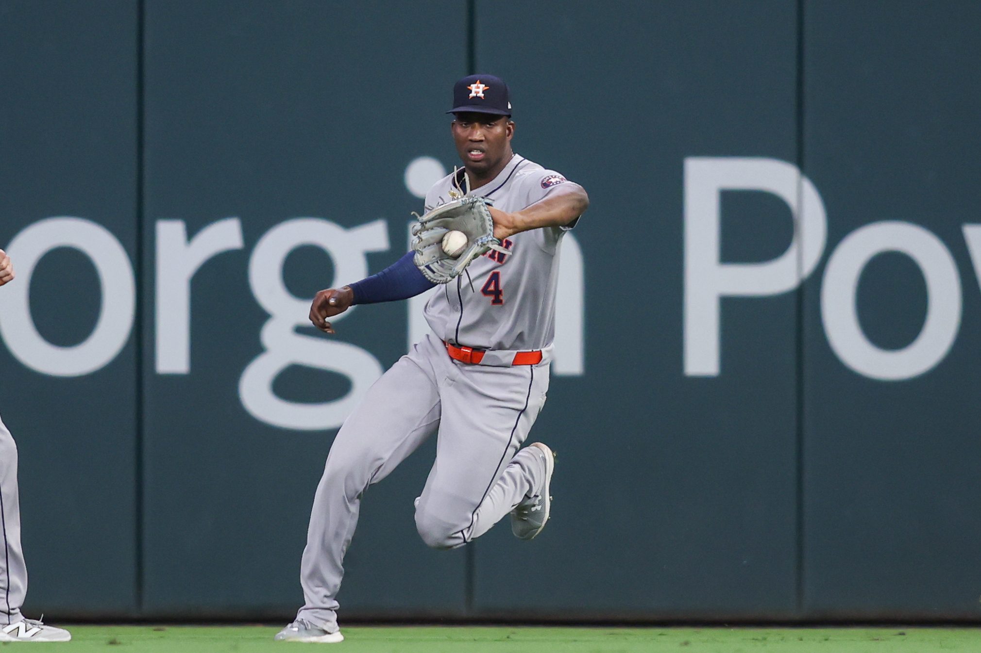 Sep 12, 2025; Atlanta, Georgia, USA; Houston Astros right fielder Jesus Sanchez (4) fields a ball against the Atlanta Braves in the eighth inning at Truist Park. Mandatory Credit: Brett Davis-Imagn Images