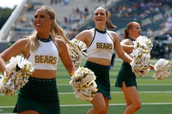 Sep 13, 2025; Waco, Texas, USA;  Baylor cheerleaders perform during the second half against the Samford Bulldogs at McLane Stadium. Mandatory Credit: Chris Jones-Imagn Images