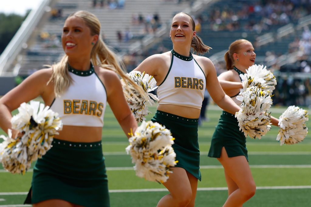Sep 13, 2025; Waco, Texas, USA; Baylor cheerleaders perform during the second half against the Samford Bulldogs at McLane Stadium. Mandatory Credit: Chris Jones-Imagn Images