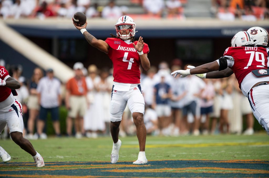 South Alabama Jaguars quarterback Bishop Davenport (4) throws the ball as Auburn Tigers take on South Alabama Jaguars at Jordan-Hare Stadium in Auburn, Ala. on Saturday, Sept. 13, 2025. Auburn Tigers defeated South Alabama Jaguars 31-15.