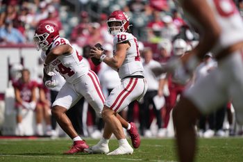 Sep 13, 2025; Philadelphia, Pennsylvania, USA; Oklahoma Sooners quarterback John Mateer (10) drops back to throw against the Temple Owls in the second half at Lincoln Financial Field. Mandatory Credit: Kyle Ross-Imagn Images