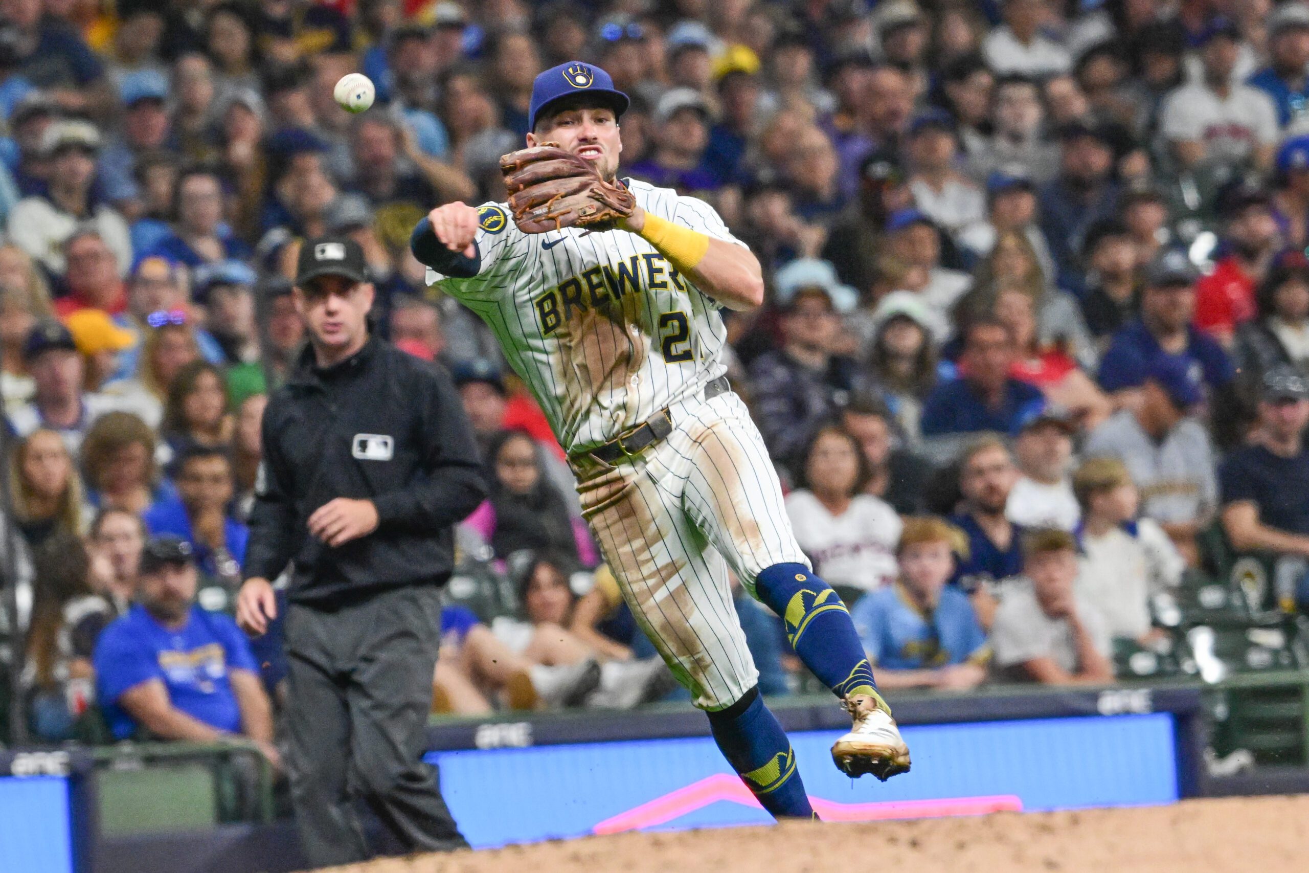 Sep 13, 2025; Milwaukee, Wisconsin, USA; Milwaukee Brewers shortstop Joey Ortiz (3) throws out St. Louis Cardinals left fielder Alec Burleson (not pictured) in the sixth inning at American Family Field. Mandatory Credit: Benny Sieu-Imagn Images