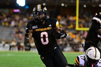 Southern Miss Golden Eagles running back Jeffery Pittman (0) runs for a touchdown against the Appalachian State Mountaineers during the fourth quarter at M.M. Roberts Stadium in Hattiesburg, Miss., on Sept. 13, 2025.