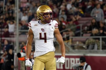 Sep 13, 2025; Stanford, California, USA; Boston College Eagles wide receiver Reed Harris (4) reacts after catching a pass against the Stanford Cardinal during the second quarter at Stanford Stadium. Mandatory Credit: Darren Yamashita-Imagn Images