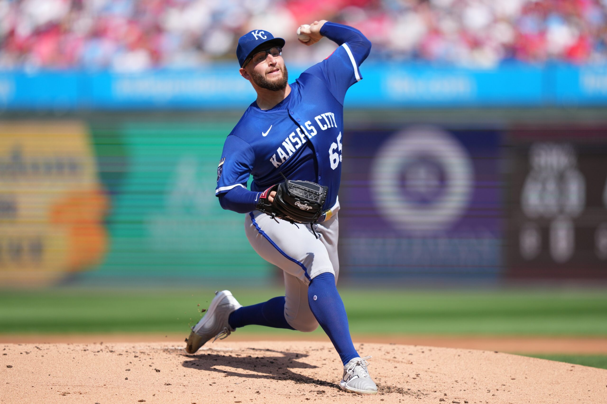 Sep 14, 2025; Philadelphia, Pennsylvania, USA; Kansas City Royals starting pitcher Noah Cameron (65) throws a pitch against the Philadelphia Phillies in the first inning at Citizens Bank Park. Mandatory Credit: Kyle Ross-Imagn Images