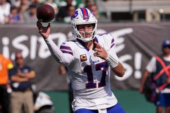 Sep 14, 2025; East Rutherford, New Jersey, USA; Buffalo Bills quarterback Josh Allen (17) drops back to pass against the New York Jets during the second half at MetLife Stadium. Mandatory Credit: Robert Deutsch-Imagn Images