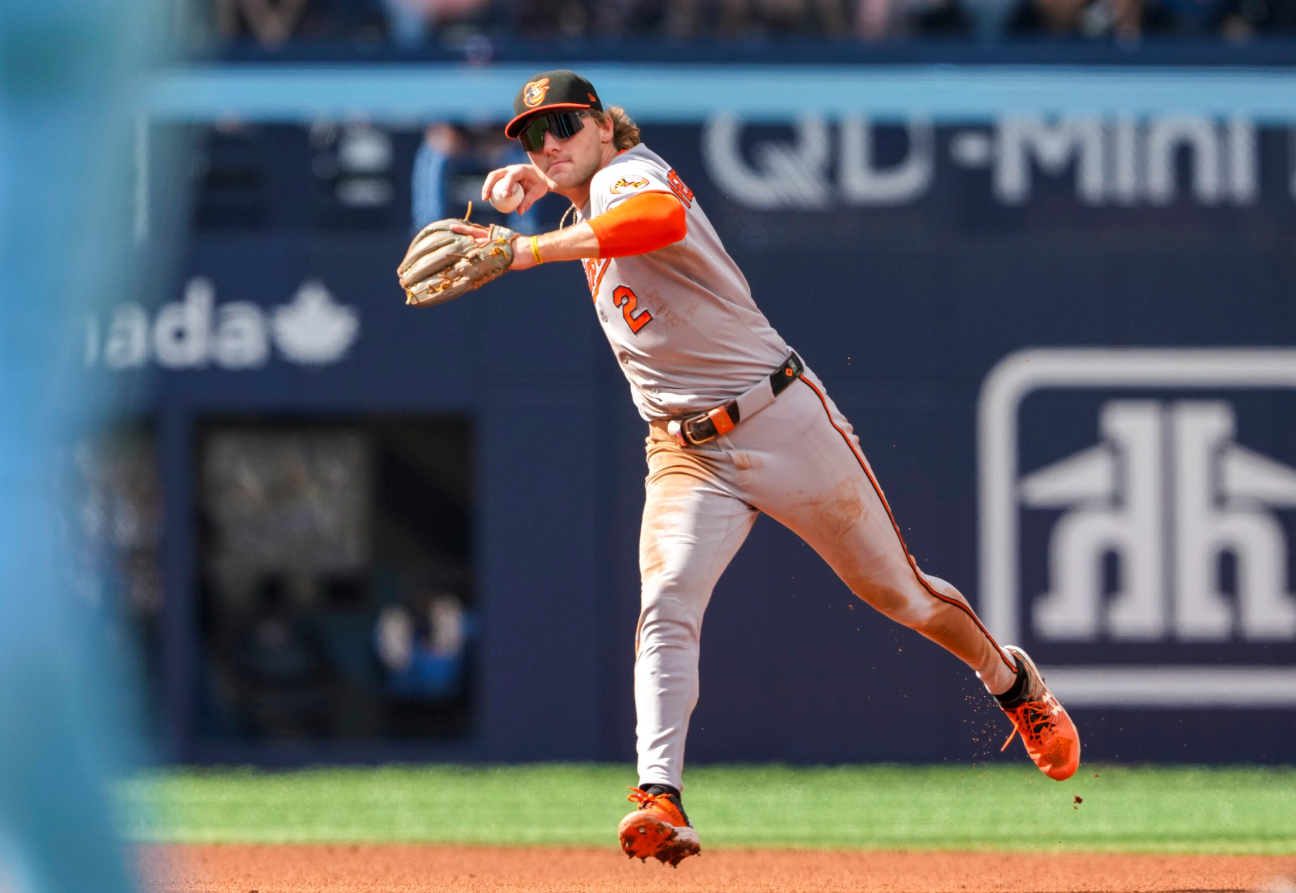 Sep 14, 2025; Toronto, Ontario, CAN; Baltimore Orioles shortstop Gunnar Henderson (2) throws to first base against the Toronto Blue Jays during the third inning in their MLB game at Rogers Centre. Mandatory Credit: Kevin Sousa-Imagn Images