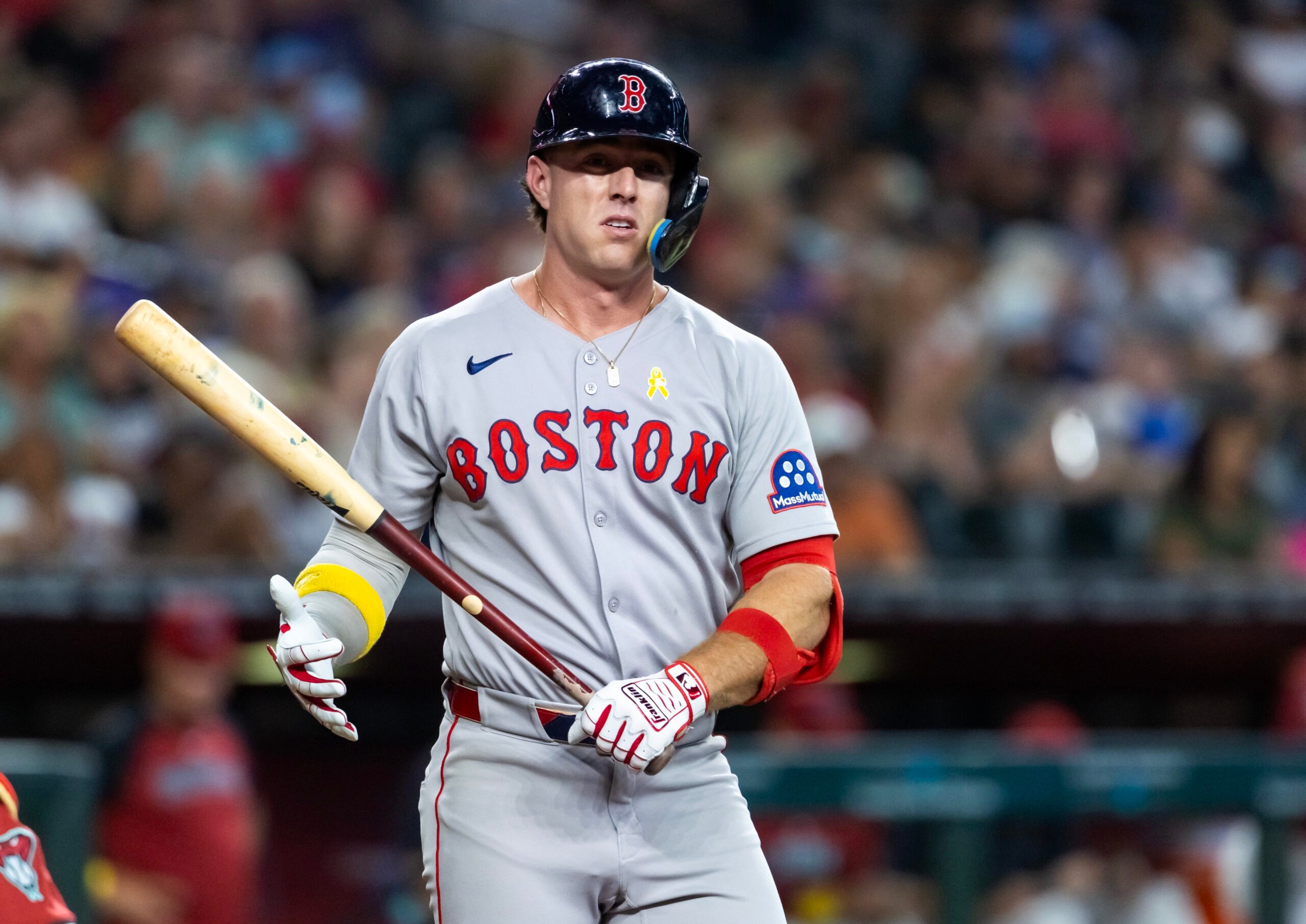 Sep 7, 2025; Phoenix, Arizona, USA; Boston Red Sox first baseman Romy Gonzalez against the Arizona Diamondbacks at Chase Field. Mandatory Credit: Mark J. Rebilas-Imagn Images