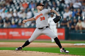 Sep 15, 2025; Chicago, Illinois, USA; Baltimore Orioles starting pitcher Kyle Bradish (38) delivers a pitch against the Chicago White Sox during the first inning at Rate Field. Mandatory Credit: Kamil Krzaczynski-Imagn Images
