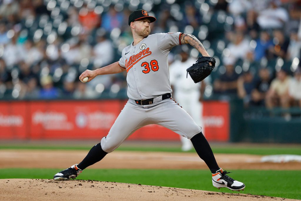Sep 15, 2025; Chicago, Illinois, USA; Baltimore Orioles starting pitcher Kyle Bradish (38) delivers a pitch against the Chicago White Sox during the first inning at Rate Field. Mandatory Credit: Kamil Krzaczynski-Imagn Images
